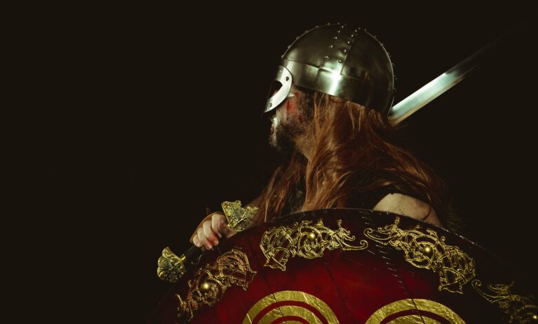 Side profile of a Viking warrior in traditional armor, holding a decorated shield and sword.