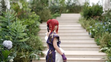 A woman in fantasy cosplay poses in a lush garden setting on stone steps, blending nature and creativity.