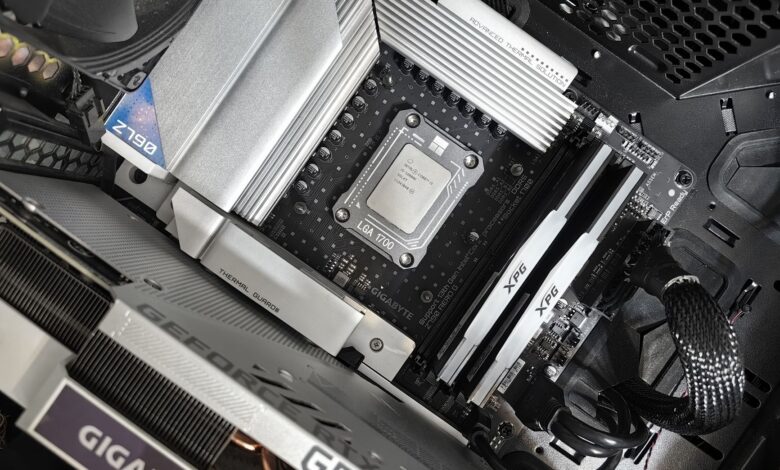 Interior view of a high-performance PC build featuring a Gigabyte motherboard and components.