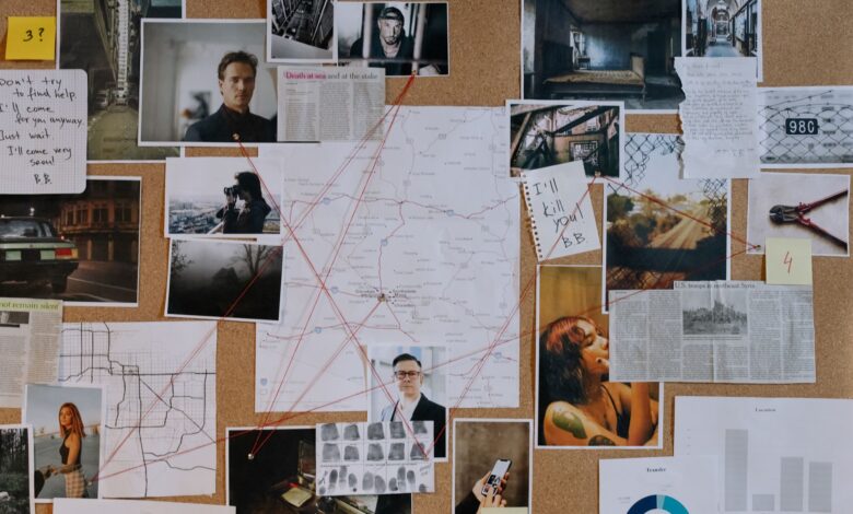 A detailed crime investigation board filled with photos, maps, and red strings connecting clues and evidence.
