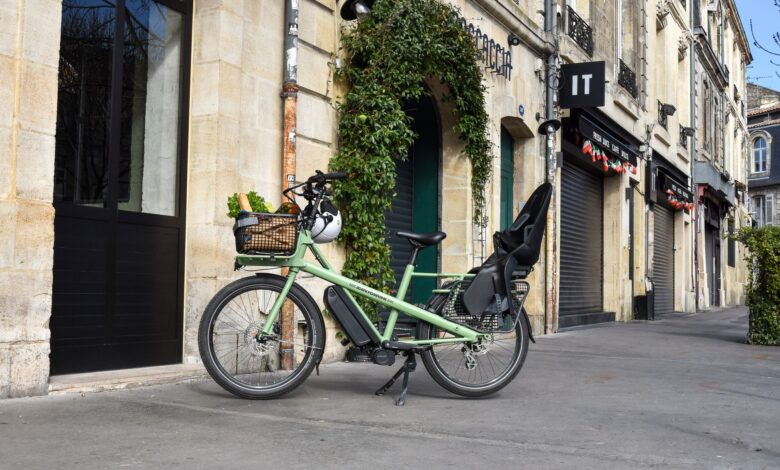 A green cargo e-bike with groceries parked outside a French building on a sunny day.