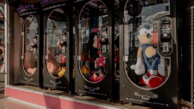 Colorful claw machines filled with plush toys at a fairground arcade, reflecting a fun atmosphere.
