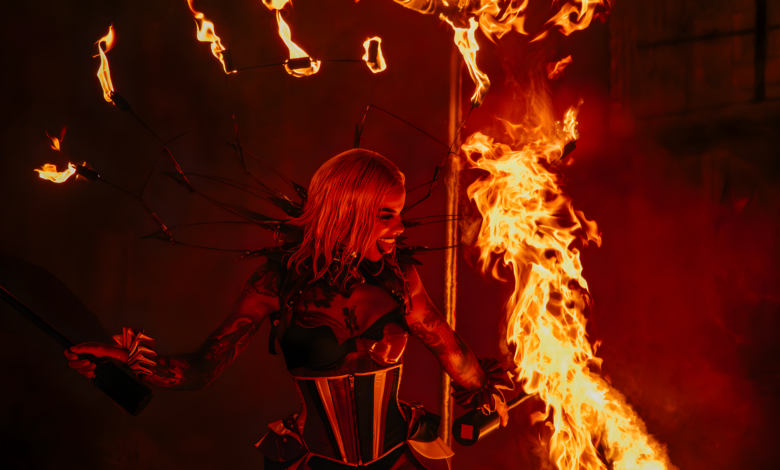 An electrifying image of a fire performer showcasing incredible skills at an Orlando theme park at night.