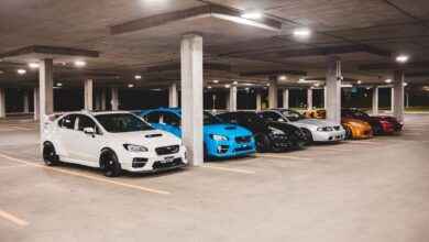Bright new expensive automobiles placed on parking lot under concrete roof with bright lights