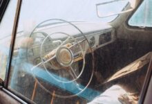 Explore the rustic charm of a vintage car interior with classic steering wheel design.