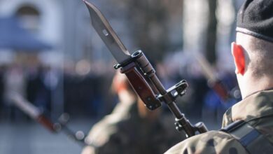 Military personnel holding rifle with bayonet during an outdoor ceremonial event.
