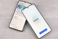 Two smartphones are shown displaying a software update screen with One UI 8.5.
