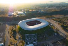 Captivating aerial shot of Estadio Akron in Zapopan, Mexico during sunset.