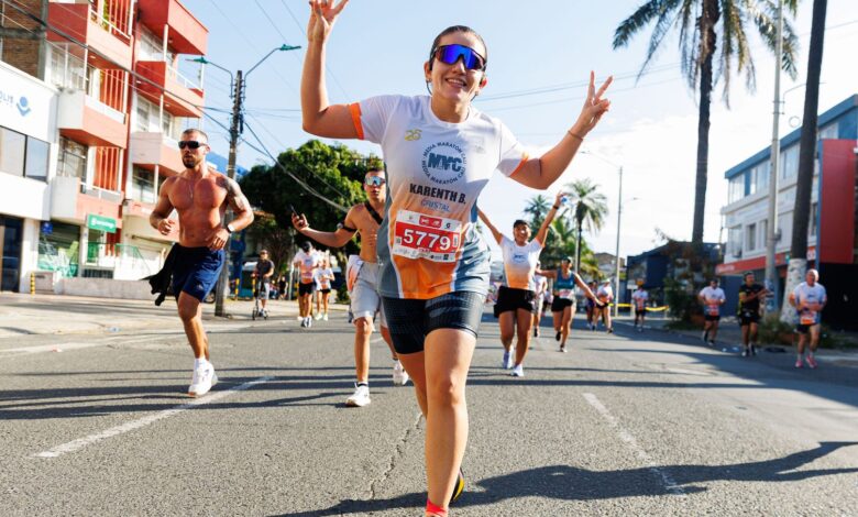 Energetic runners participating in a city marathon, showcasing enthusiasm and sportsmanship.