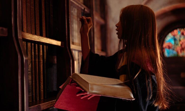 Young woman in wizard costume explores a mystical library with spellbooks.