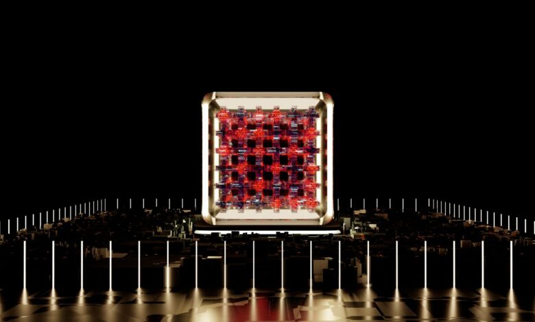 Abstract representation of a futuristic digital processor with glowing elements.