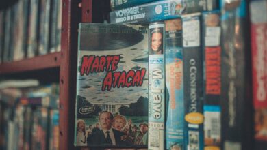 A nostalgic display of vintage VHS tapes with classic movie titles on a wooden shelf indoors.