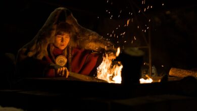 Warm campfire scene with a person in fur clothing enjoying a cozy night outdoors.