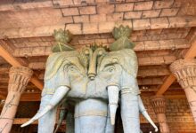 Beautiful and detailed stone elephant sculptures as temple pillars.