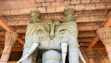 Beautiful and detailed stone elephant sculptures as temple pillars.
