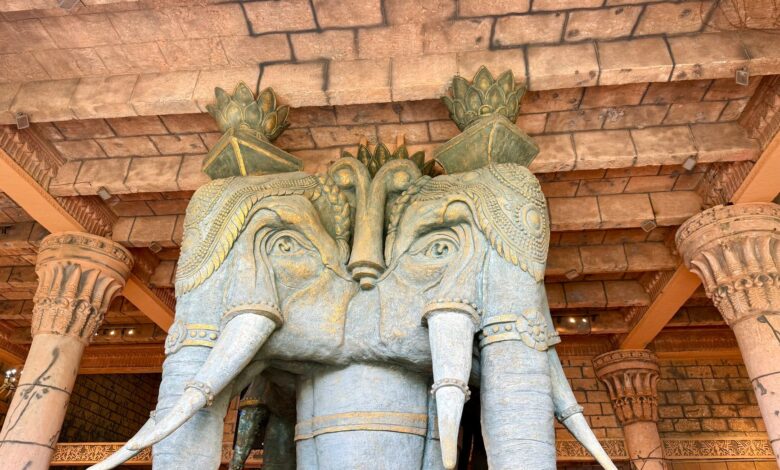 Beautiful and detailed stone elephant sculptures as temple pillars.