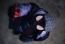 Aerial view of person cosplaying Spider-Man character in detailed costume outdoors.