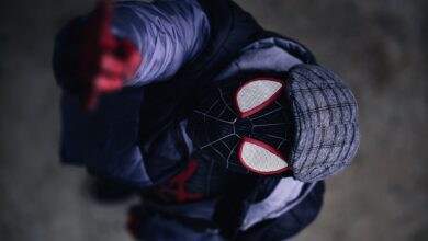 Aerial view of person cosplaying Spider-Man character in detailed costume outdoors.