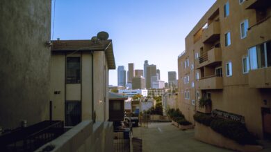 View of downtown skyscrapers from residential area, perfect for urban lifestyle themes.