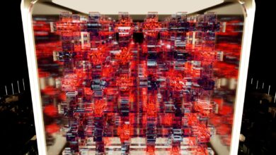 Complex digital structure of red and black blocks, creating a 3D illusion.