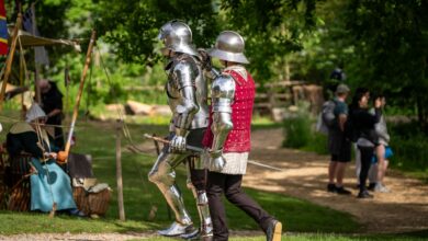 Historic re-enactment with knights in full armor at a festive outdoor event.