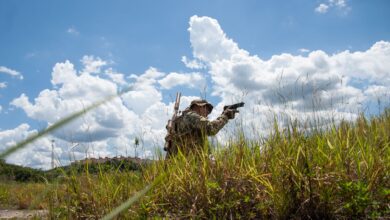 Soldier in camouflage navigating grassy field under clear blue sky, perfect for tactical and military themes.