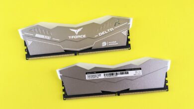 T-Force Delta RGB DDR5 memory modules on vibrant yellow surface.