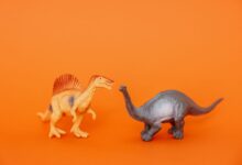 Miniature dinosaur toys in an orange setting showcasing prehistoric creatures.