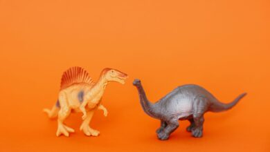 Miniature dinosaur toys in an orange setting showcasing prehistoric creatures.