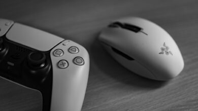 Monochrome image of a gaming controller and mouse on a desk, highlighting modern technology.