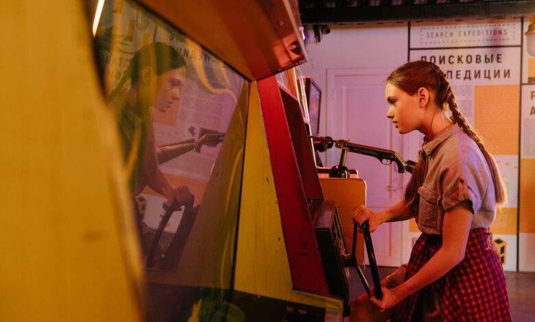 Teenage girl with pigtails playing a vintage arcade game indoors, reflecting vibrant 80s nostalgia.