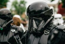 Detailed shot of a person in a Star Wars stormtrooper costume at a cosplay event.