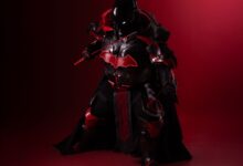 Striking black and red cosplay costume inspired by legendary hero, captured on a dramatic backdrop.