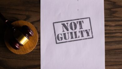 A courtroom document labeled 'Not Guilty' beside a gavel symbolizes justice.