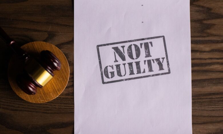 A courtroom document labeled 'Not Guilty' beside a gavel symbolizes justice.