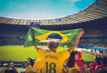 Excited Brazilian fans holding flag at soccer match in vibrant stadium atmosphere.