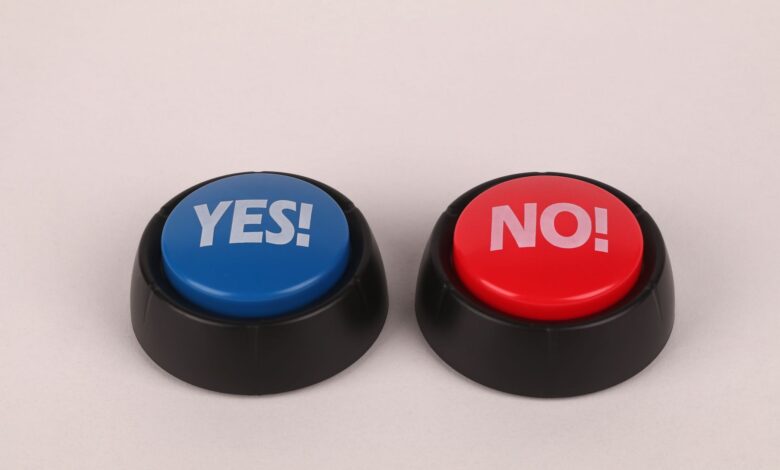 Image of vibrant blue and red push buttons labeled Yes and No against a plain background.