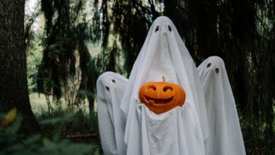 Three ghostly figures holding a carved pumpkin in a mysterious forest setting, perfect for Halloween imagery.