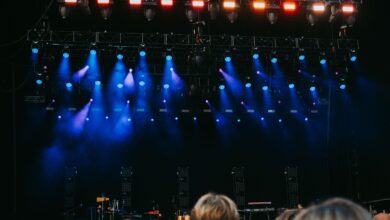 Night concert scene with audience, stage, and colorful lighting effects.