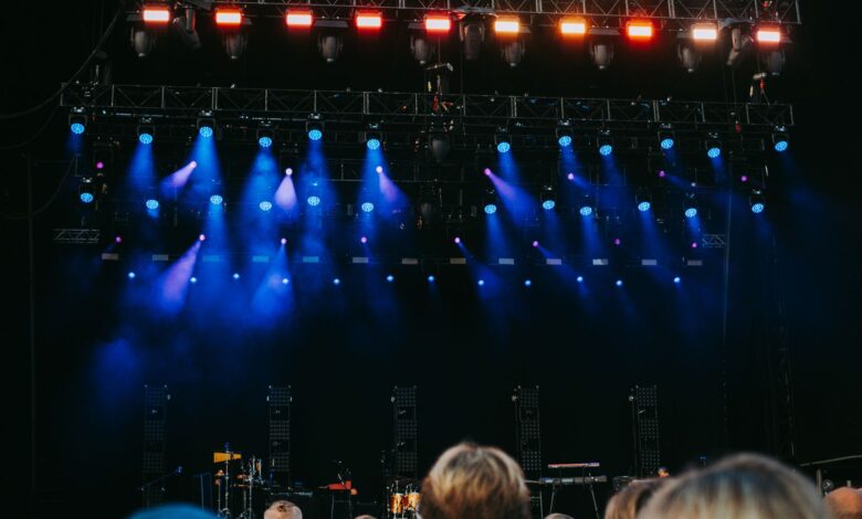 Night concert scene with audience, stage, and colorful lighting effects.