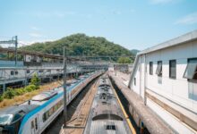 Overhead view of a bustling train station in Hachiōji, Tokyo during a sunny day.