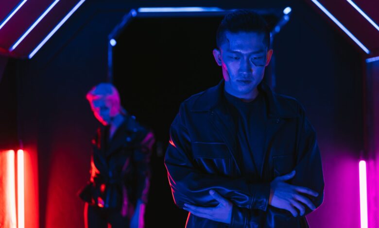 A cyberpunk-inspired scene with neon lights and characters in a futuristic setting.