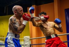 Two boxers engaged in a dynamic match, showcasing strength and strategy in the ring.