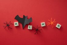 Festive Halloween flat lay with toy spiders, letters, and bat cutout on red background.