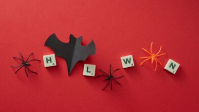 Festive Halloween flat lay with toy spiders, letters, and bat cutout on red background.