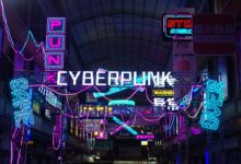 Vibrant neon lights create a cyberpunk aesthetic in a bustling urban alleyway at night.