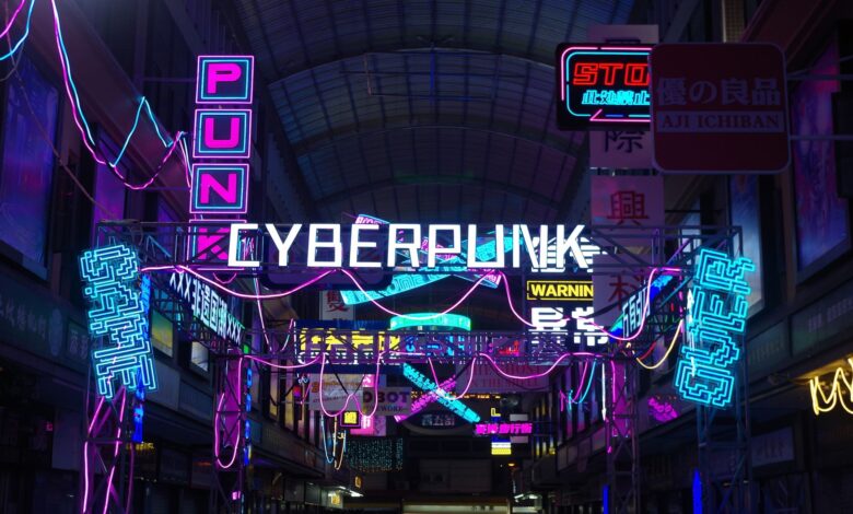 Vibrant neon lights create a cyberpunk aesthetic in a bustling urban alleyway at night.