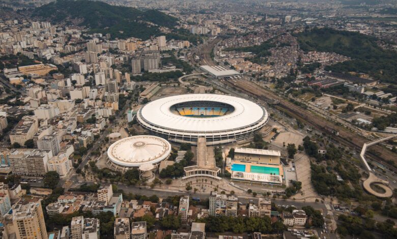 Aerial shot of the iconic Maracanã Stadium in bustling Rio de Janeiro, Brazil.
