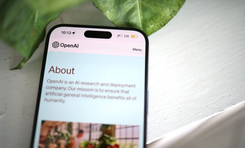 Close-up shot of a smartphone screen showing the OpenAI website with greenery in the background.