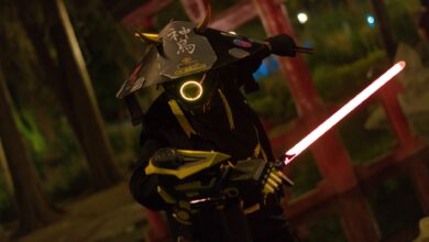 A captivating image of a futuristic samurai warrior cosplay illuminated by neon lights in a night environment.